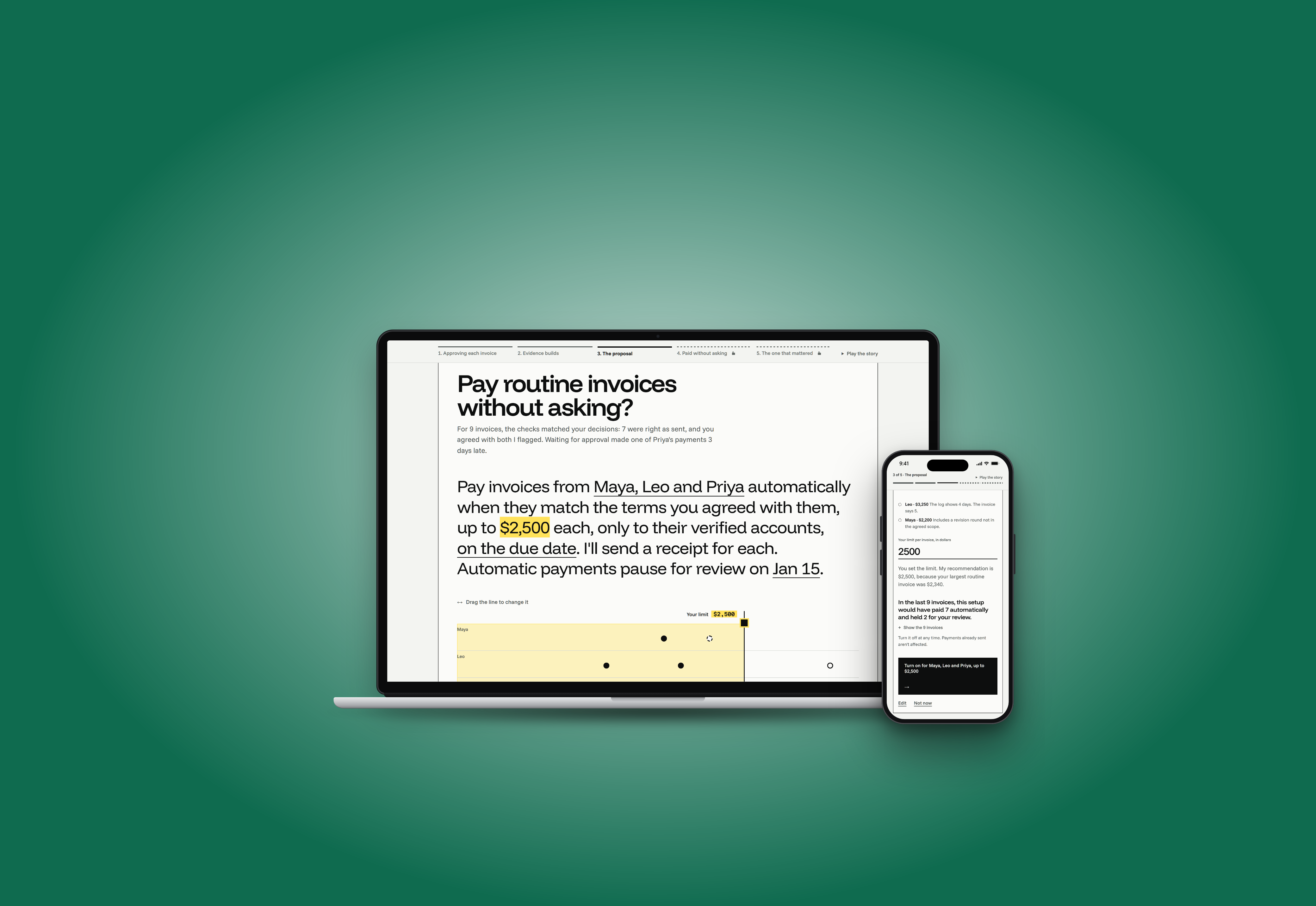Delegation Studies on a laptop and a phone: the agent's proposal to pay routine invoices without asking, with the person's $2,500 limit set.